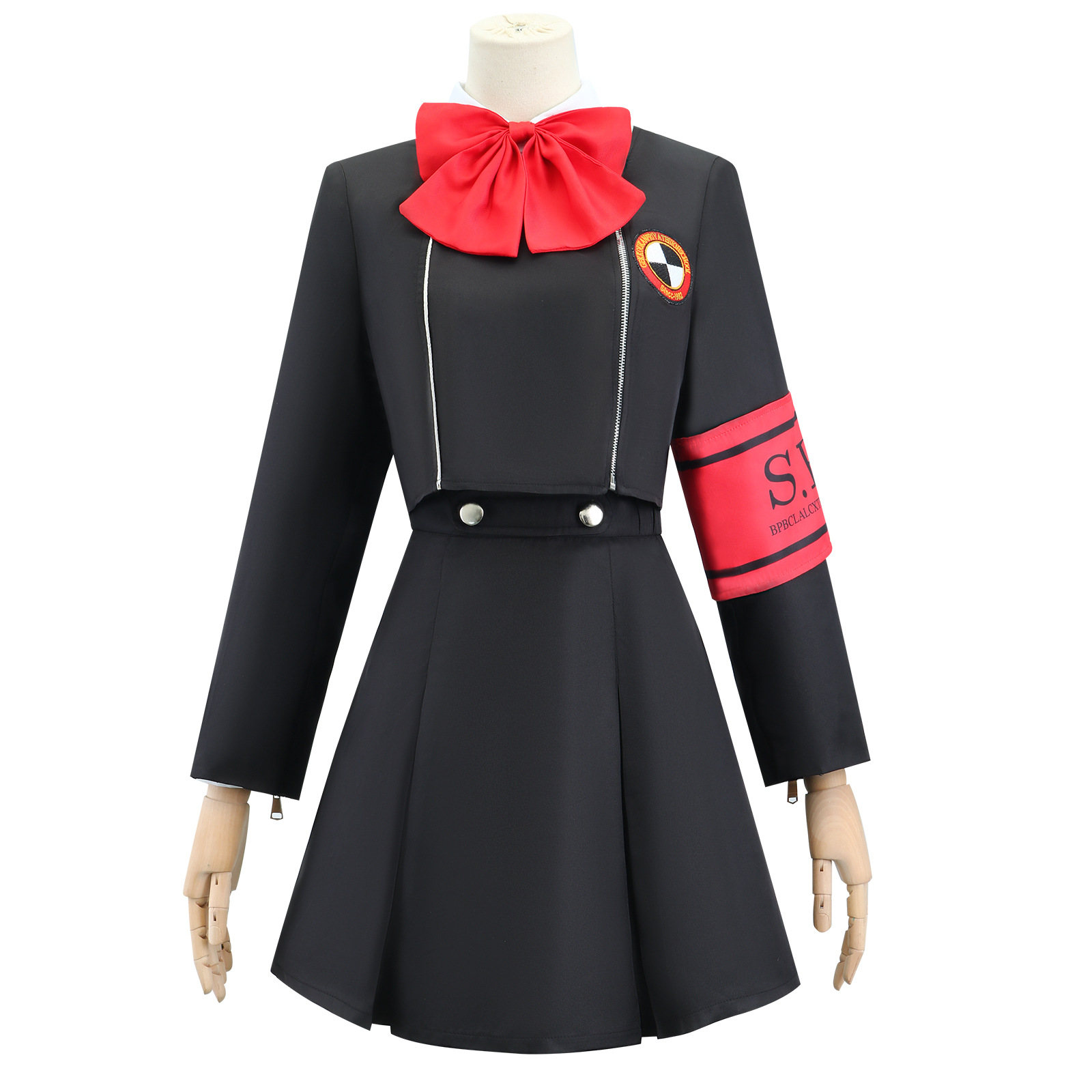 Costume de Cosplay de Aigis Ensemble Uniforme Robe Noire Nœud Rouge Brassard SEES Style Écolier Déguisement pour Fête d'Halloween