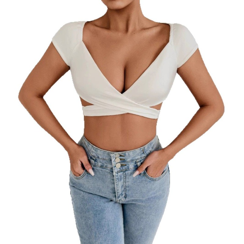 T-Shirt d'été Sexy pour femmes, col en V, taille haute, Push-Up, haut court, mélange extensible, tenue de Club quotidienne, plage, élégant, coupe courbe