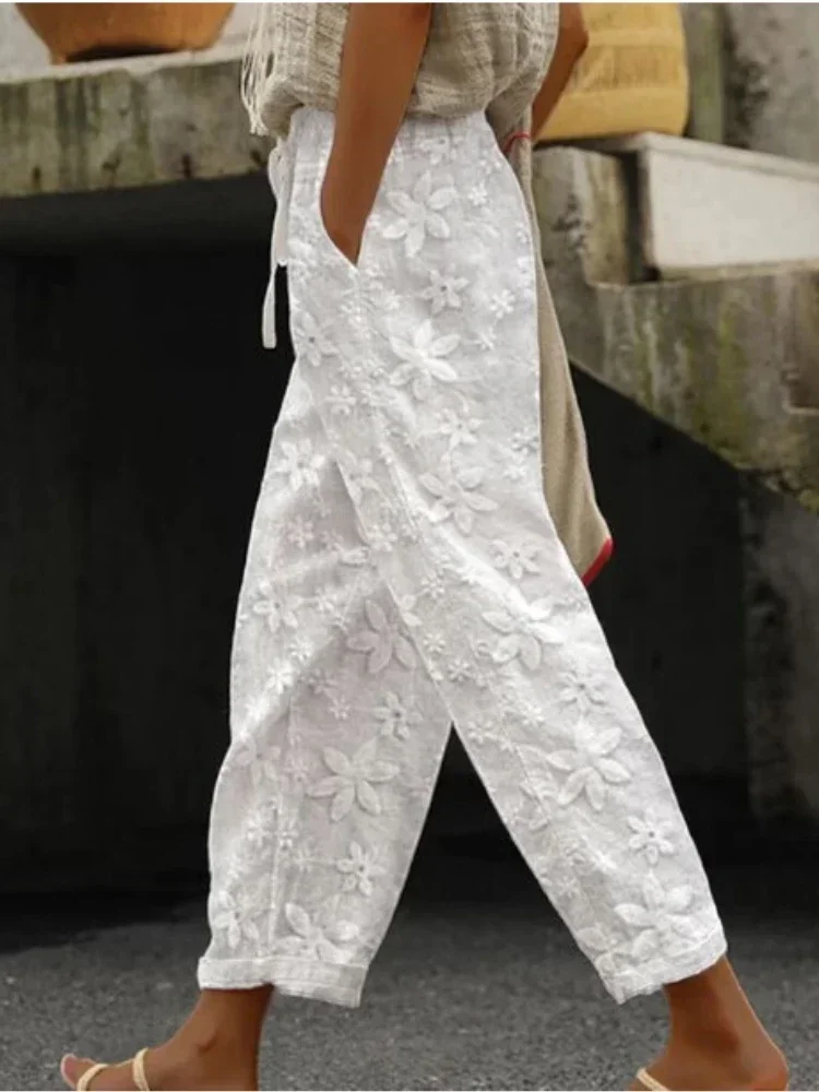 Femmes broderie pantalon été nouveau pantalon décontracté blanc taille élastique dame Sreet poche cheville-longueur vêtements
