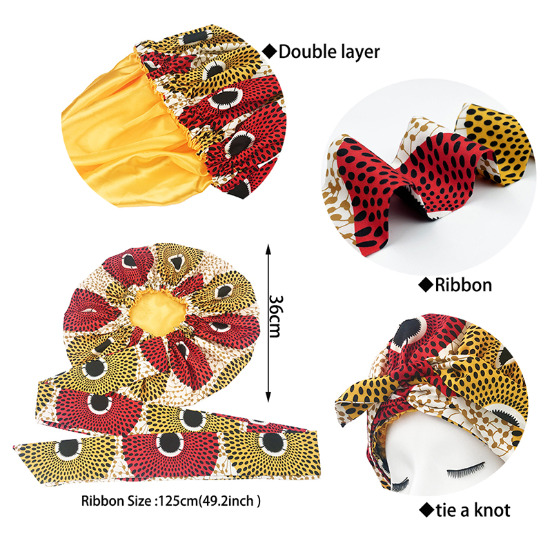 Bonnet en Satin imprimé africain de grande taille avec longue enveloppe de ruban Double couche couvre-chef motif Ankara femmes couverture de cheveux casquette d'enveloppement de cheveux