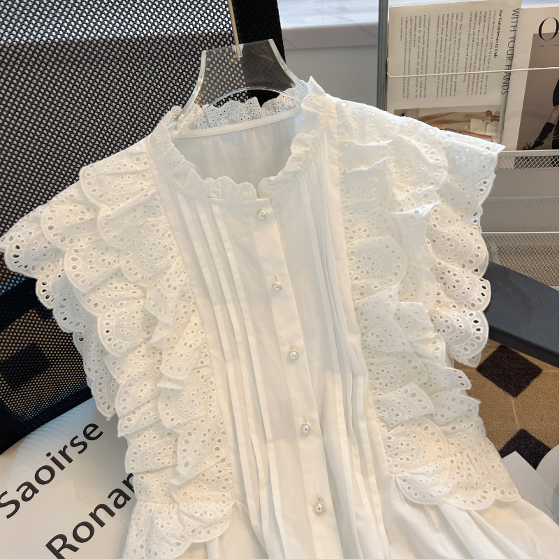 Mode manches volantes chemises blanches Vintage sans manches à volants dentelle Blouse pour femme femme élégant décontracté doux hauts 27709