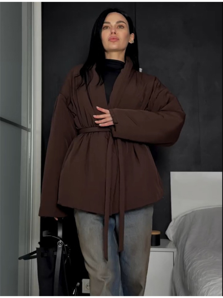 Veste matelassée pour femmes, style kimono, col en V, ceinture à nouer à la taille, manches longues, en coton, vêtement d'extérieur décontracté pour l'hiver.