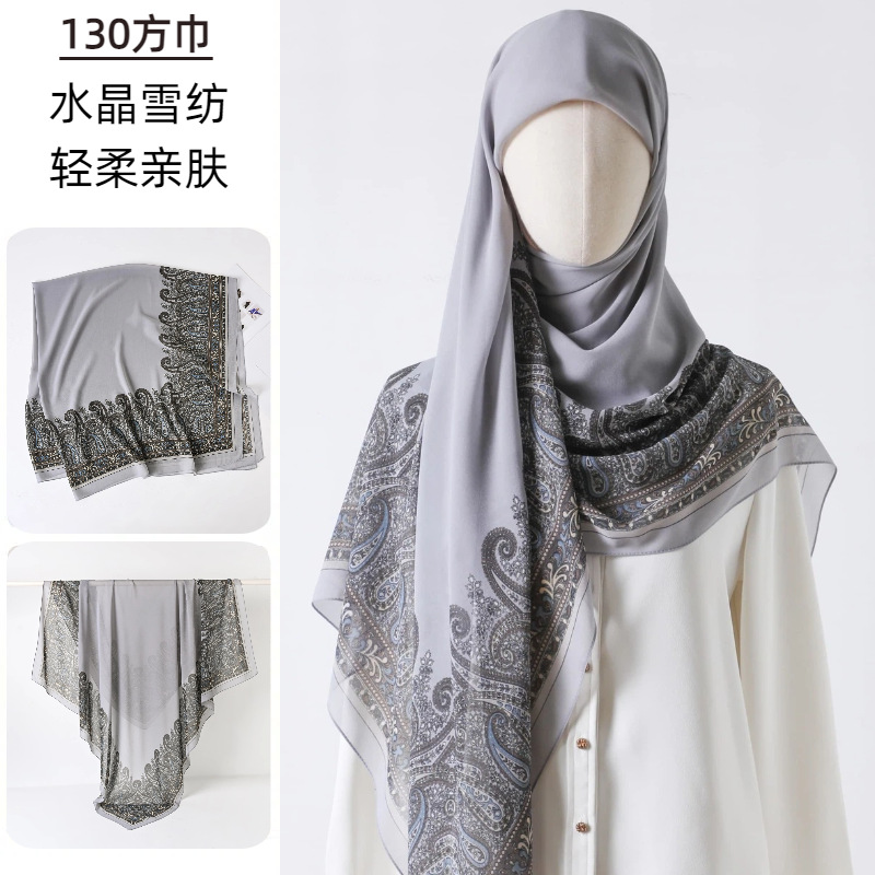 Grande écharpe carrée en gaze imprimée, sensation haut de gamme, foulard en soie, châle fin ethnique pour femmes, SJ2