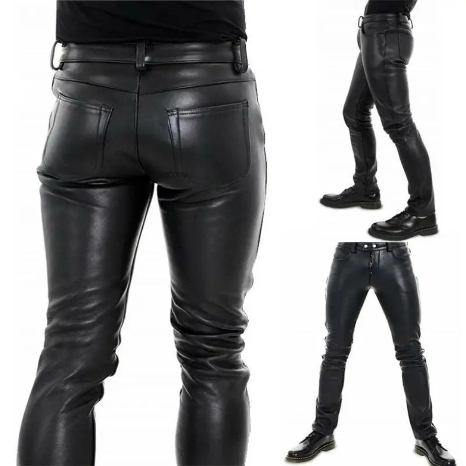 Pantalon en cuir pour hommes, couleur unie, en cuir PU, pour moto, élastique, loisirs, Style Punk, Slim Fit, pleine longueur, nouvelle collection 2022