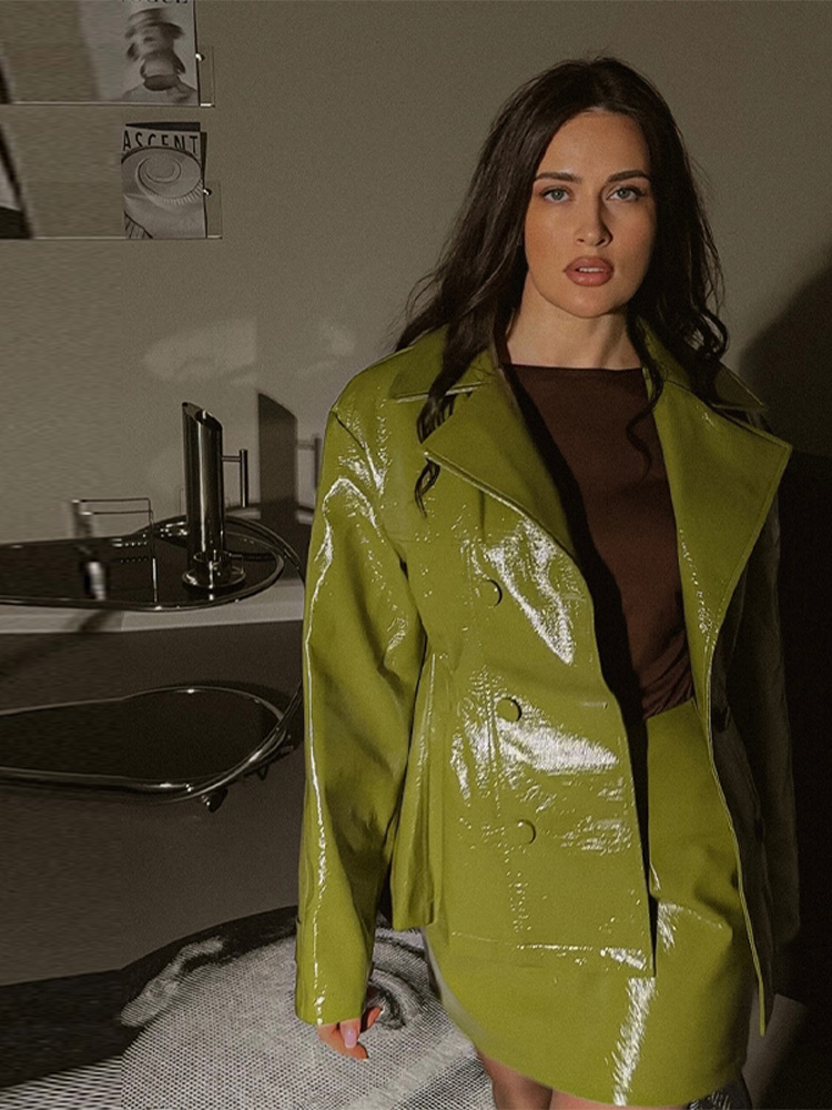 Mode femmes Faux cuir jupes ensemble col rabattu Double boutonnage taille manteau Mini jupe haute rue automne deux pièces ensembles
