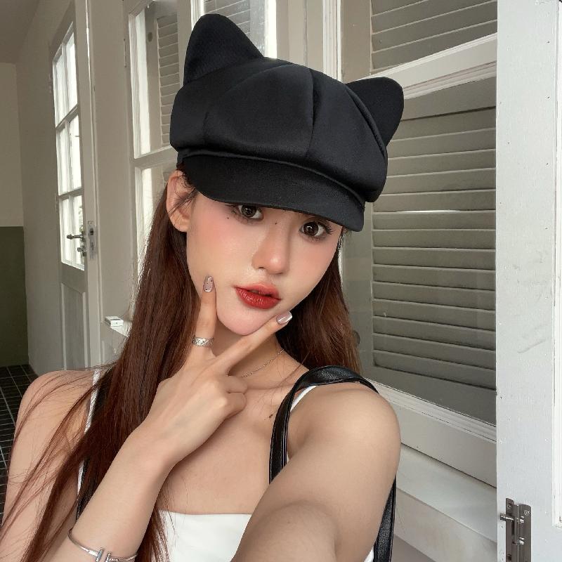 Béret femmes mignon chat oreille doux octogonal chapeaux pour femmes casquette gavroche peintre chapeau Style coréen couleur unie noir