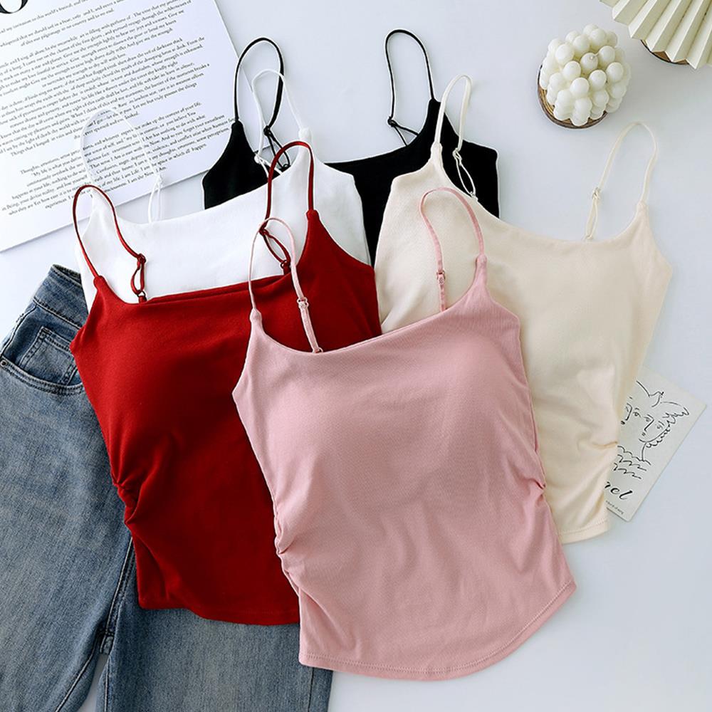 Nouveau femmes débardeurs été couleur unie soutien-gorge intégré Camisole décontracté mince sans manches plis débardeurs femmes gilet de sport de base