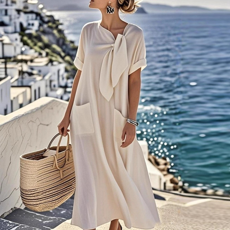 Plage vacances élégant à manches courtes vacances Maxi Robe femmes été nouveau ample poche robes de soirée pour les femmes Robe mi-longue Robe