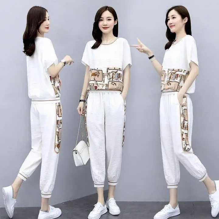 Ensemble de vêtements de sport tendance pour femmes, taille plus, été, nouveau, ample, amincissant, décontracté, manches courtes, ensemble deux pièces, style élégant
