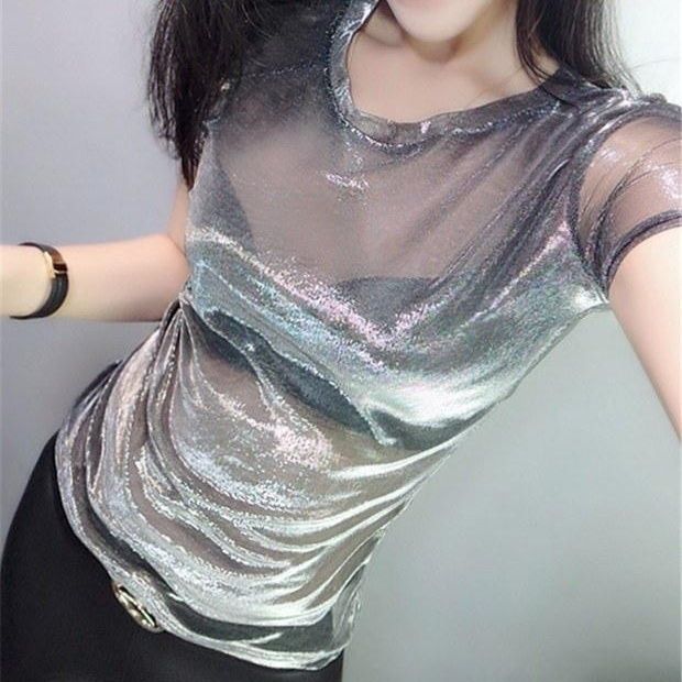 Chemise de Base en soie nacrée dégradée, col rond, manches courtes, pull en dentelle, nouvelle collection printemps et été 2025