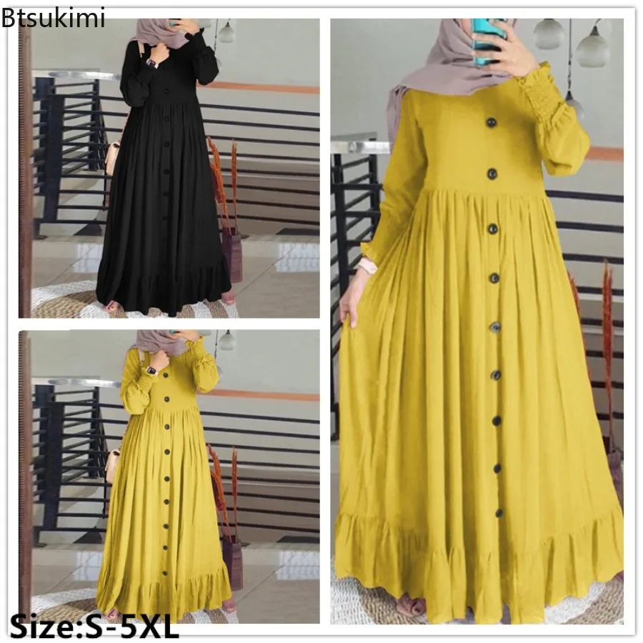 Robe Longue Musulmane pour Femme, Vintage, Manches Pétales, Ourlet à Volants, Décontractée, en Coton et Lin, Maxi, Nouvelle Collection