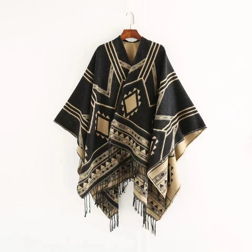 Nouvelle cape poncho pour femme, style indien népalais, à franges géométriques, chaude, idéale pour les salles climatisées, noir kaki
