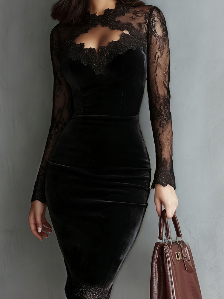 Robe mi-longue en velours pour femmes, élégante, en dentelle, à manches longues, ajourée, moulante, nouvelle collection automne-hiver, robe de soirée formelle, style crayon.