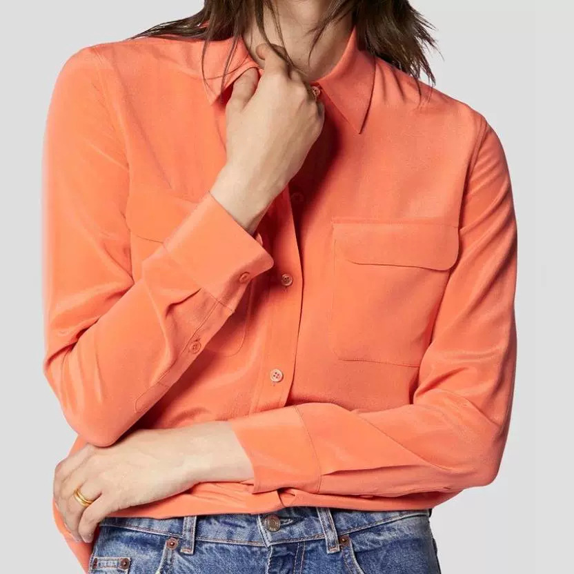 Femmes chemises en soie véritable classique Double poches couleur unie décontracté mode à manches longues chemise mince Blouses t-shirts