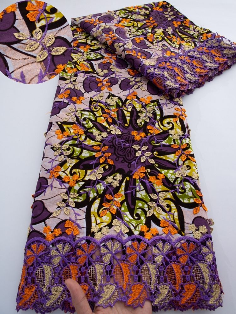 Tissu en dentelle cirée africaine 100 % coton avec paillettes, 5Y, dentelle cordonnée 3D brodée douce et tendance pour robes féminines, dentelle à broder pour la couture