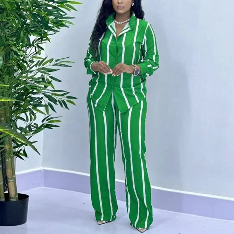 Ensemble deux pièces à rayures pour femmes, chemise boutonnée décontractée, pantalon à jambes larges, manches longues, mode africaine, printemps, automne