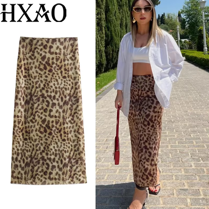 HXAO Tulle léopard jupes pour femmes Vintage été jupe longue femme imprimer élégant femmes jupes taille haute jupes Sexy 088