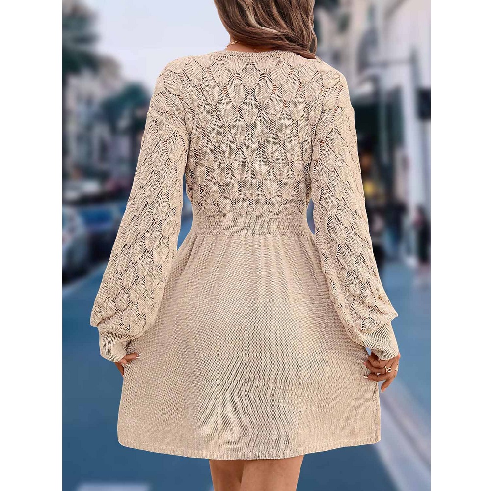 Femmes automne hiver pull robes col en v 3D Crochet tricoté longs pulls robe