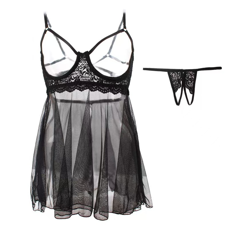 Grande taille femmes Sexy coupe ouverte poitrine exposée Lingerie robe transparente maille dentelle garniture nuisettes Chemises avec string vêtements de nuit