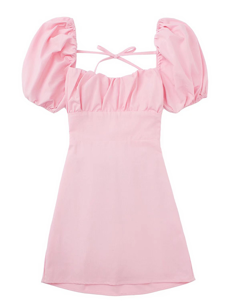 Robe en lin mélangé blanche, à la mode, pour femmes, avec un décolleté carré, de courtes manches bouffantes et un dos nu, ainsi que des bretelles croisées.