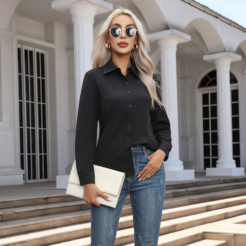 Femmes printemps automne Style Blouses chemises dame décontracté à manches longues col rabattu couleur unie Blouse hauts