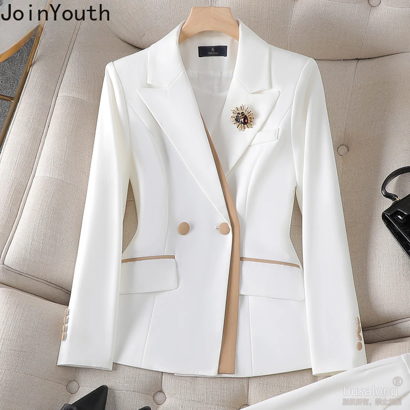 Tempérament coréen costume mode pantalon tenues deux pièces ensembles à manches longues tunique manteau taille haute pantalon droit ensemble Roupas Femme