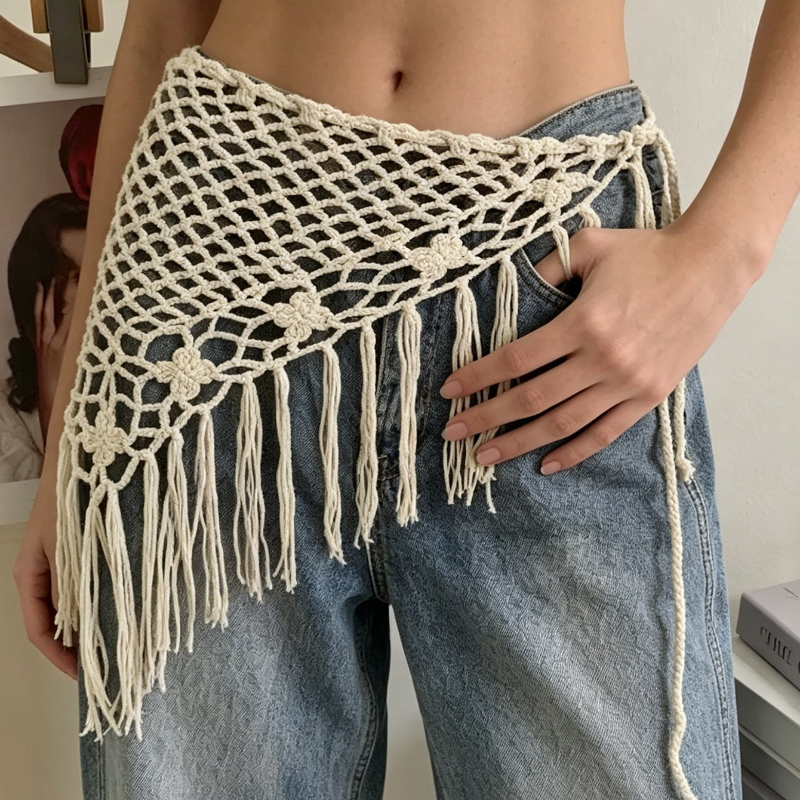 Écharpe triangulaire Y2K ajourée à franges pour femme, accessoire de superposition ajustable pour le printemps, polyvalente, à porter en ceinture ou à la hanche, tendance