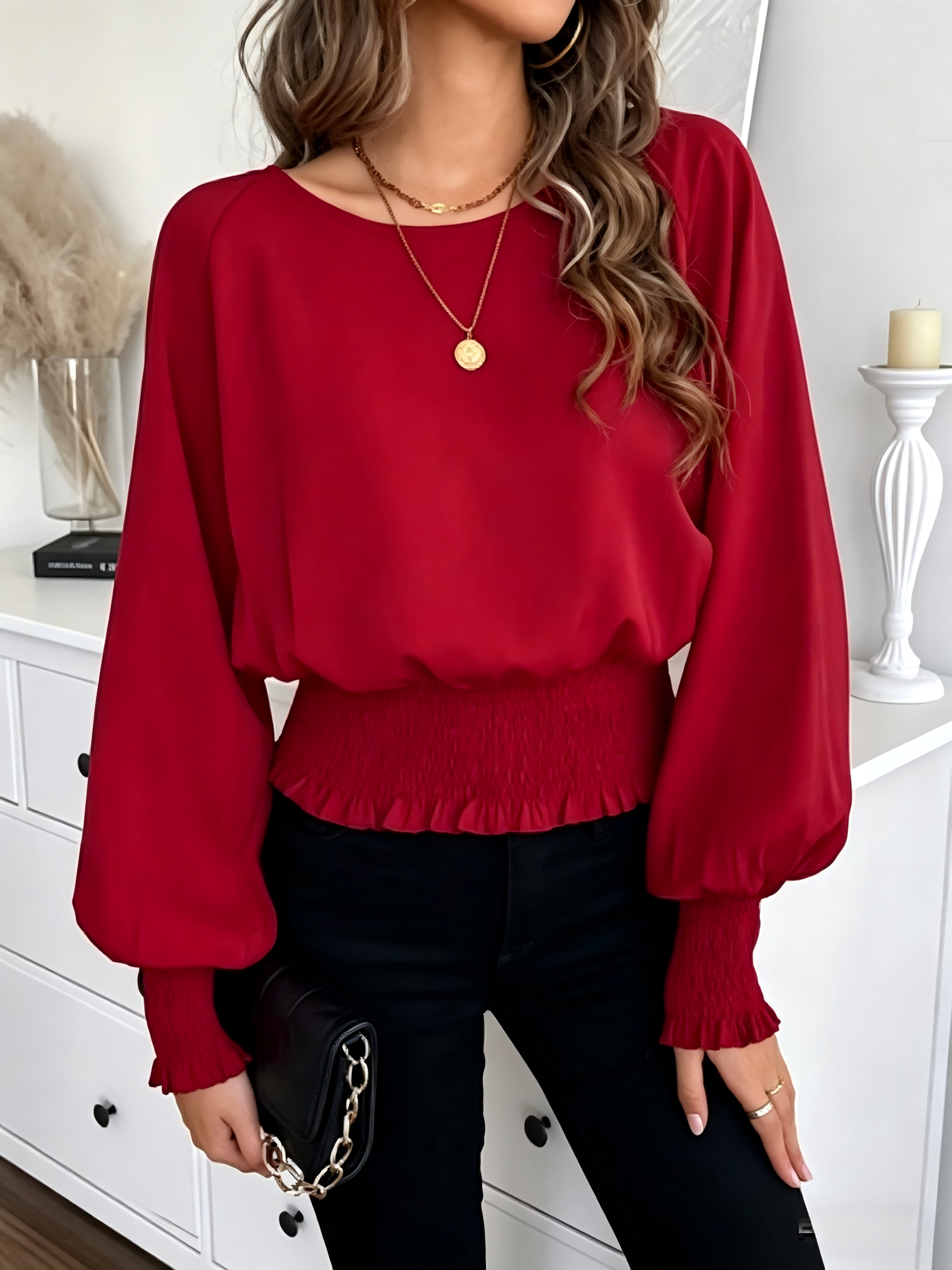 Chemisier Rouge Femme à Manches Longues Bouffantes, Col Rond, Taille Froncée, Poignets Volants, en Chiffon – Élégant, Décontracté, pour le Bureau – Hauts pour Dames 2025