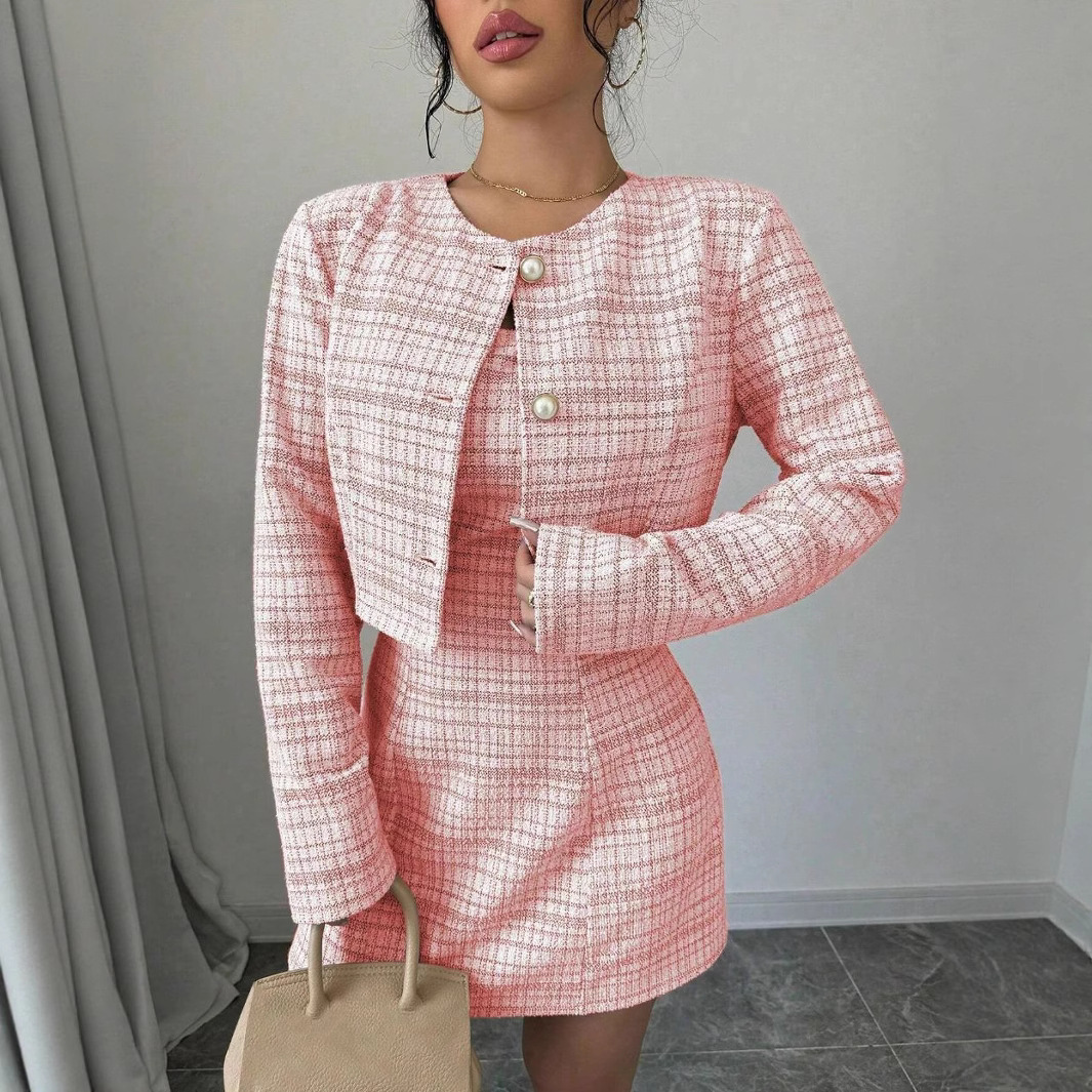 Ensemble deux pièces pour femme : Manteau court à simple boutonnage et robe rétro, coupe ajustée, élégant, polyvalent, confortable, pour le quotidien et la mode décontractée