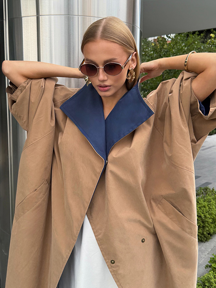 Manteau Trench Chic Effet Froissé Col Montant Manches Lanterne Amples Tissu Imperméable Anti-Plis Automne 2026 Manteaux Quotidiens pour Femme