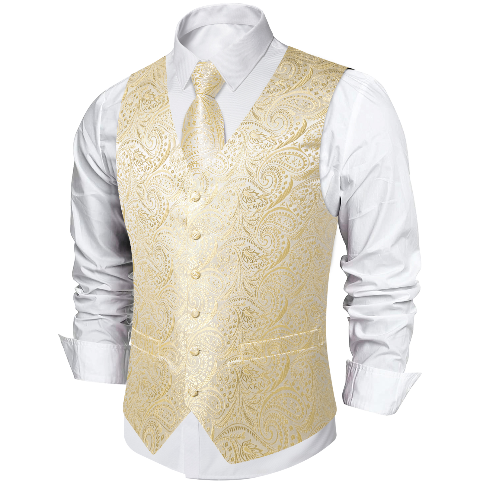 Gilet de Costume Beige Uni pour Homme avec Cravate de 8 cm, Pochette de Costume, Boutons de Manchette – Idéal Mariage, Bal de Promo, Smoking