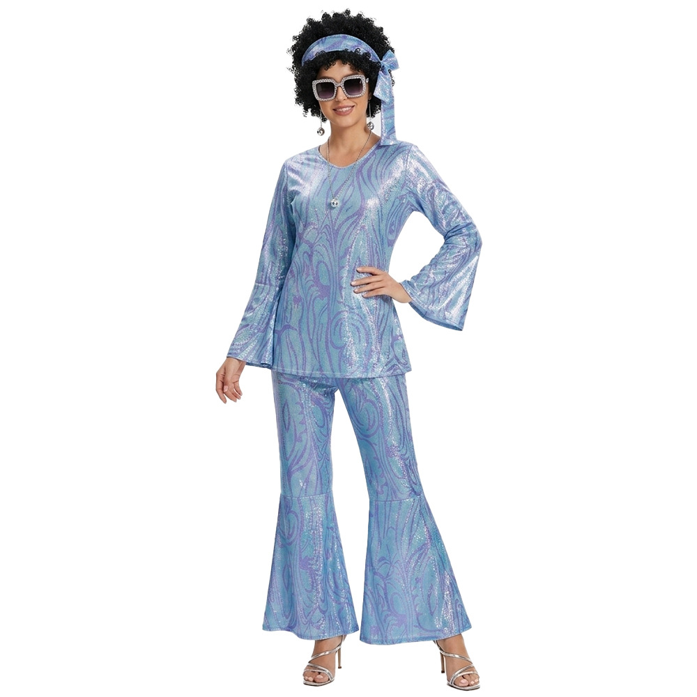 Ensemble de tenue de fête disco pour femmes, costume d'Halloween, haut et pantalon avec lunettes de soleil, collier, boucles d'oreilles, perruque