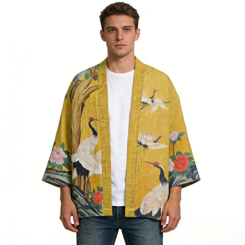 Cardigan Kimono Artistique Ukiyo-e, Imprimé Vague et Grue Japonais, Robe Légère, Cache-maillot de Plage Bohème Chic, Veste Ouverte en Coton