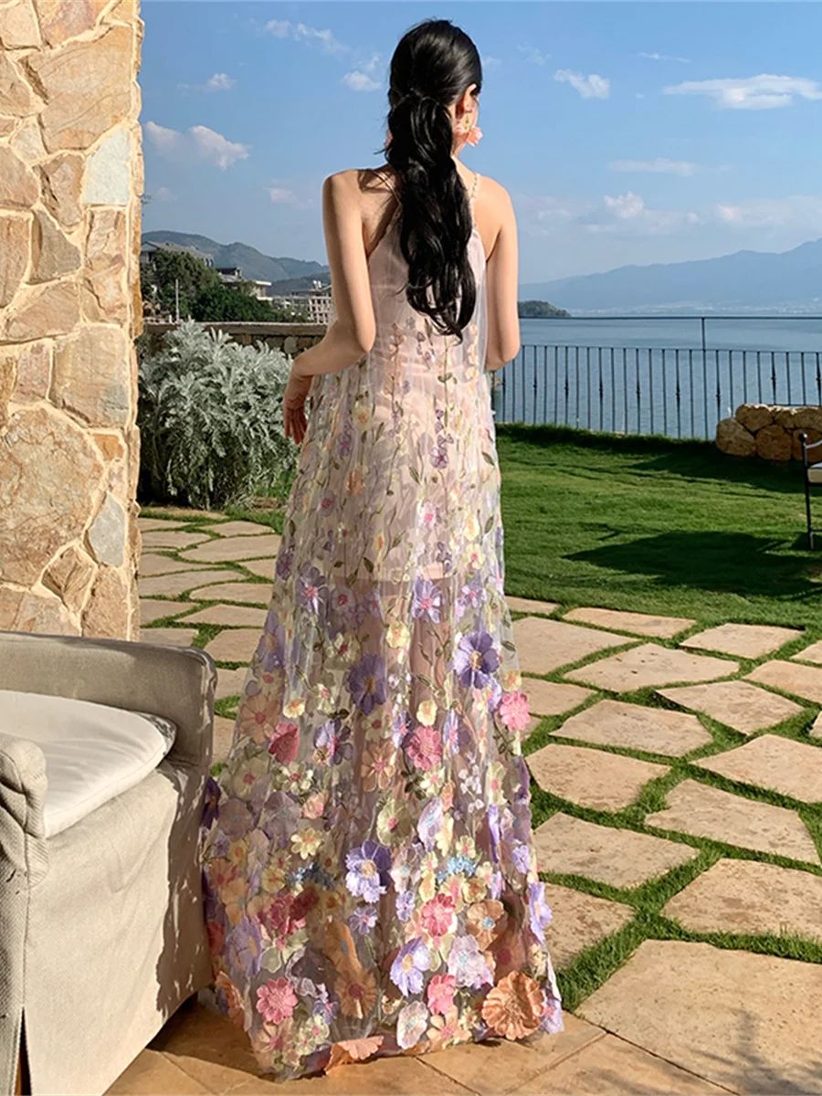 Robe de bal de luxe élégante en dentelle à fleurs 3D pour femmes, nouvelle collection d'été Sexy, épaules dénudées, ligne a, robes en maille, robes de soirée