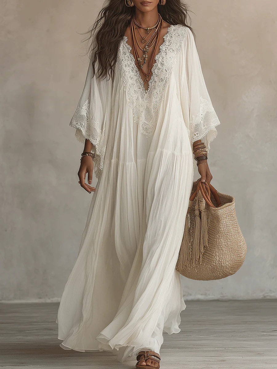 Robe longue style plage pour femme, blanche, col en V, manches chauve-souris, dentelle, élégante, ample, mode estivale, robes de vacances