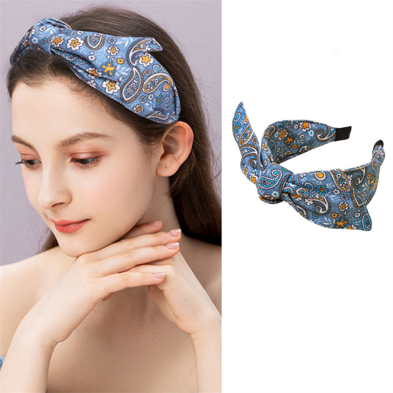 Serre-têtes en tissu denim imprimé cachemire vintage avec nœud pour femmes et jeunes filles, pour le quotidien, le shopping et les soirées