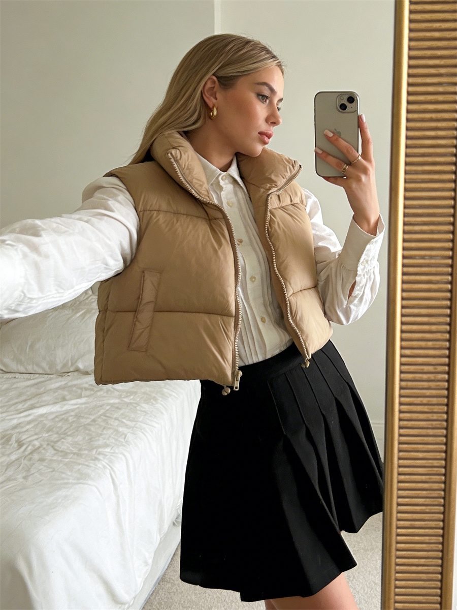 Gilet court chaud pour femme, col montant, sans manches, léger, vêtements d'extérieur à la mode, automne et hiver