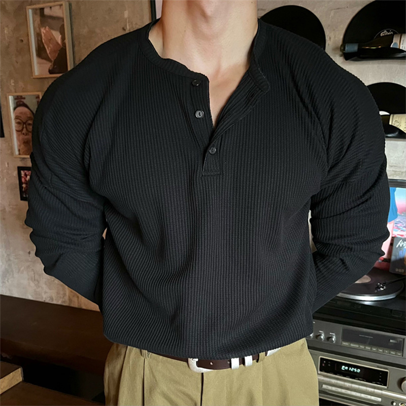 Coréen col Henry T-shirt mode hommes de luxe couleur unie à manches longues hauts loisirs léger affaires automne décontracté chemise de base M-3XL