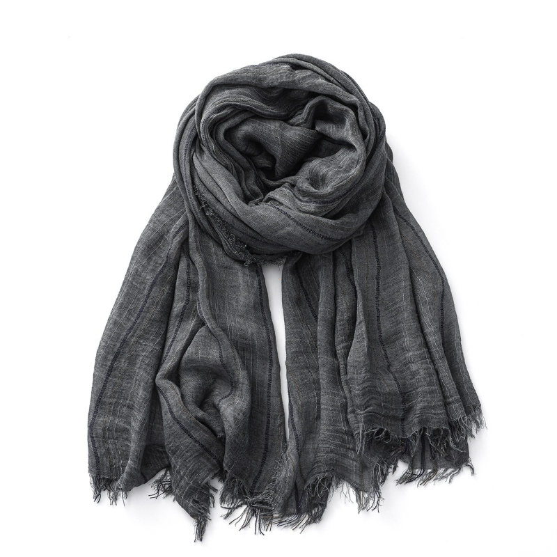 Écharpe rayée en coton et lin pour hommes et femmes, châles et enveloppes longs et doux, pompon court, accessoires masculins, automne hiver