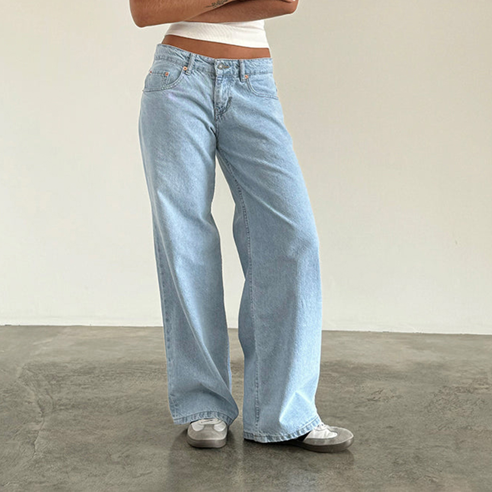 Jean Femme Polyvalent, Couleur Unie, Taille Basse, Fermeture Éclair, Bouton, Poches, Streetwear Quotidien