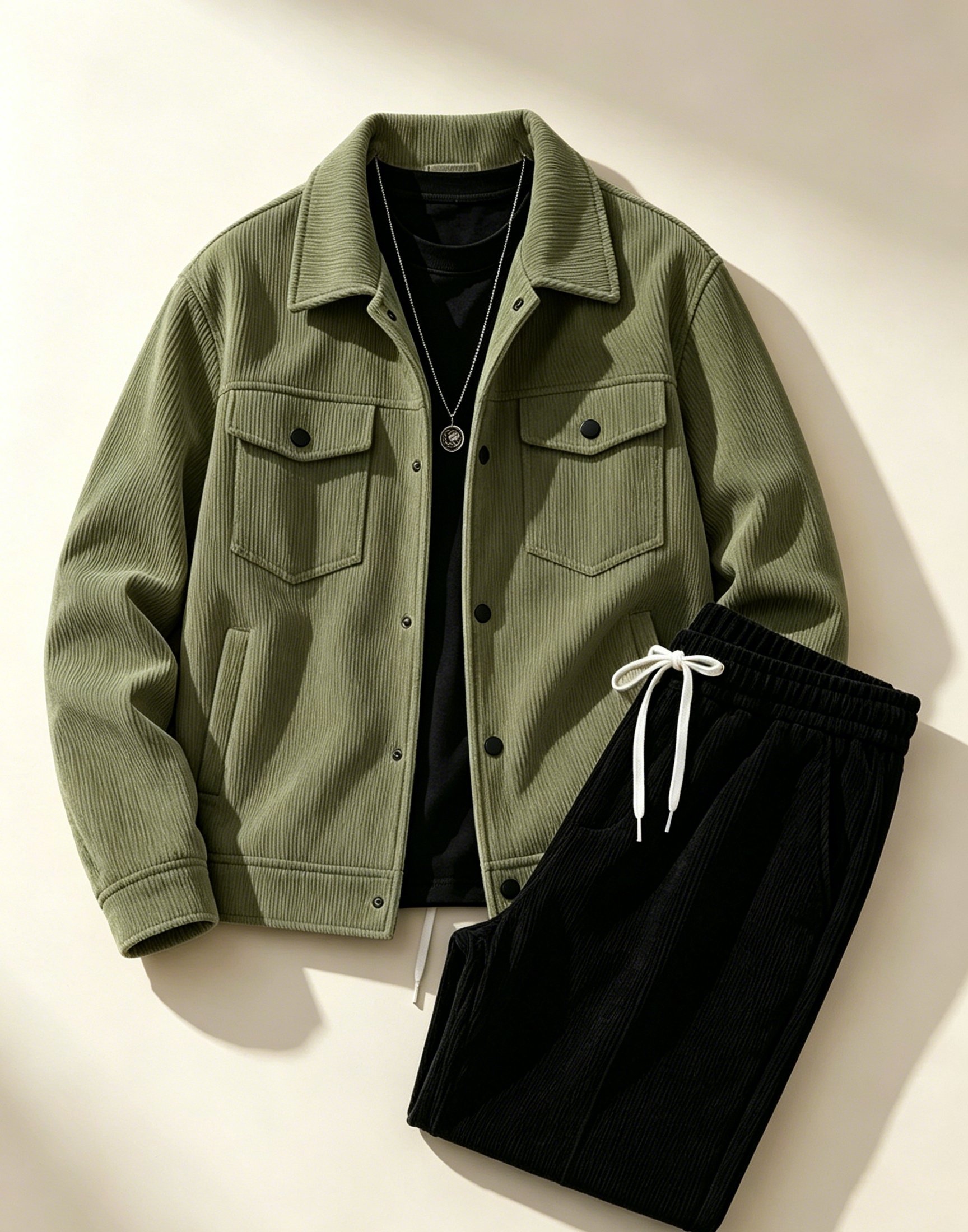 Ensemble veste et pantalon en velours côtelé pour hommes, couleur unie, tenue décontractée à la mode pour le shopping, vêtements de printemps/automne