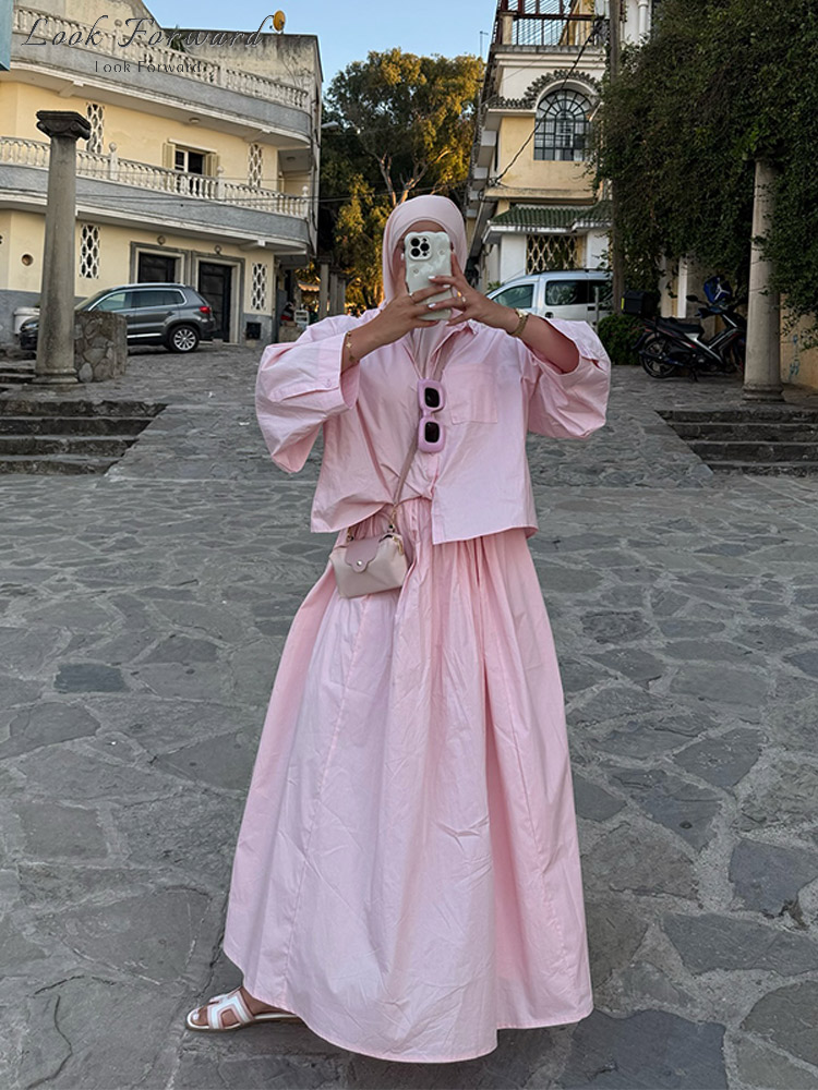 Chemise décontractée jupe longue costume femmes ample printemps été revers boutons poches Blouse jupes ensembles femme rose clair ensemble dame