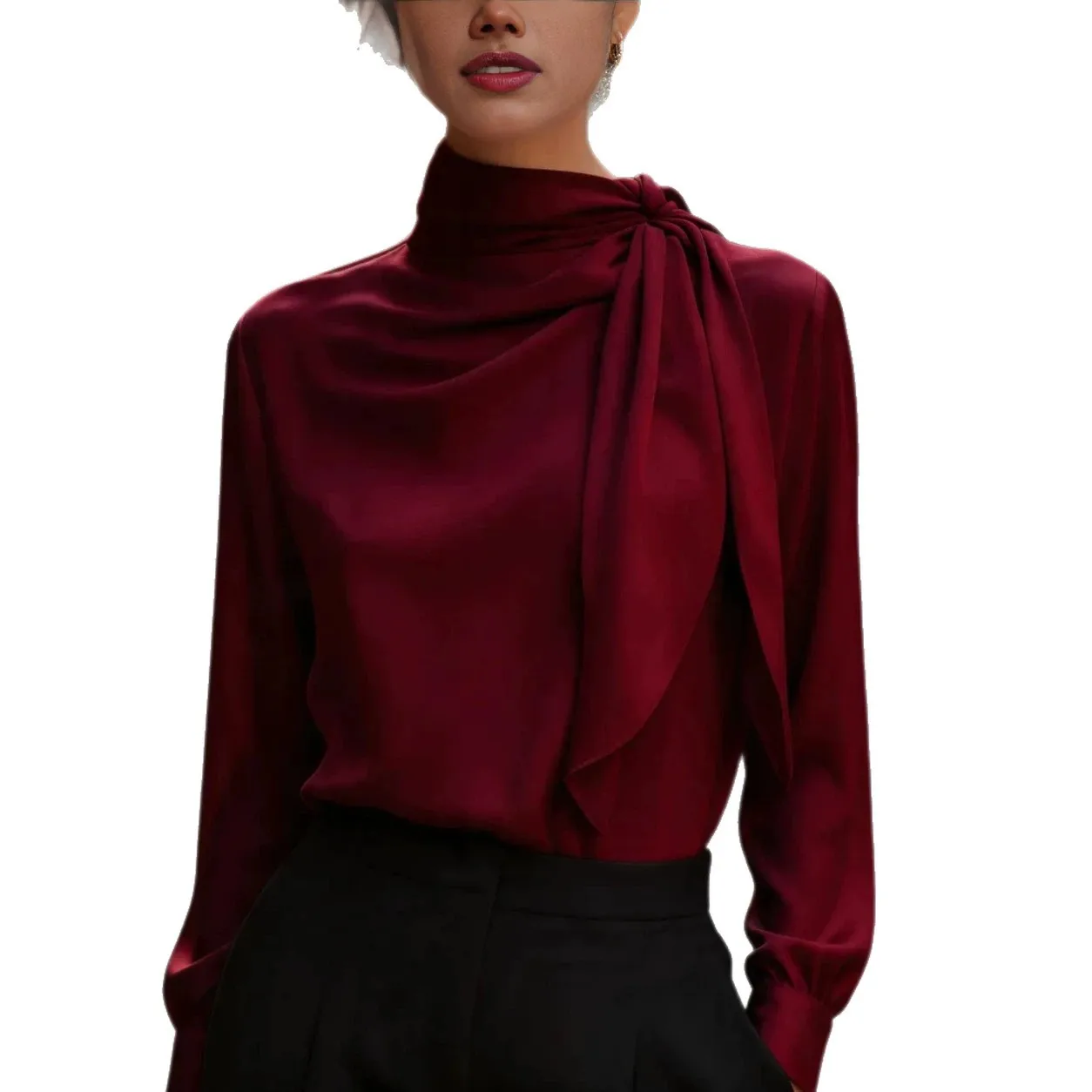 Chemisiers de mode pour femmes Printemps Automne, Chemise en satin à ruban style bohème, Hauts élégants à manches longues de luxe léger pour le bureau, Vêtements pour femmes