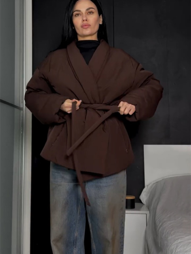 Veste matelassée pour femmes, style kimono, col en V, ceinture à nouer à la taille, manches longues, en coton, vêtement d'extérieur décontracté pour l'hiver.