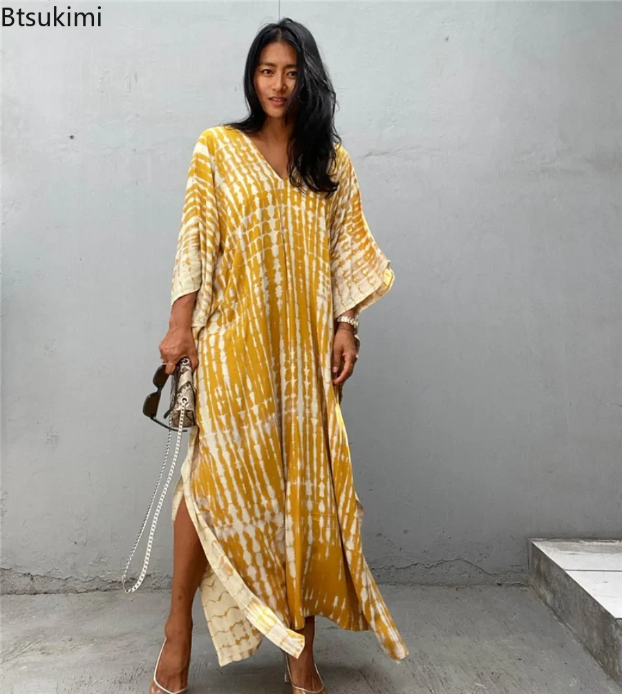 Robe de plage bohème rayée pour femme, tunique d'été, paréo de bain, kaftan, collection été 2026