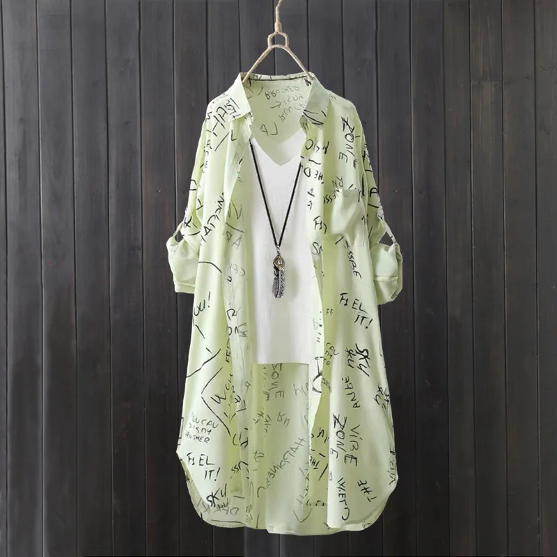 Chemise à manches longues pour femmes printemps et été lettre imprimée lâche protection solaire cardigan chemise haute manteau mince mi-long