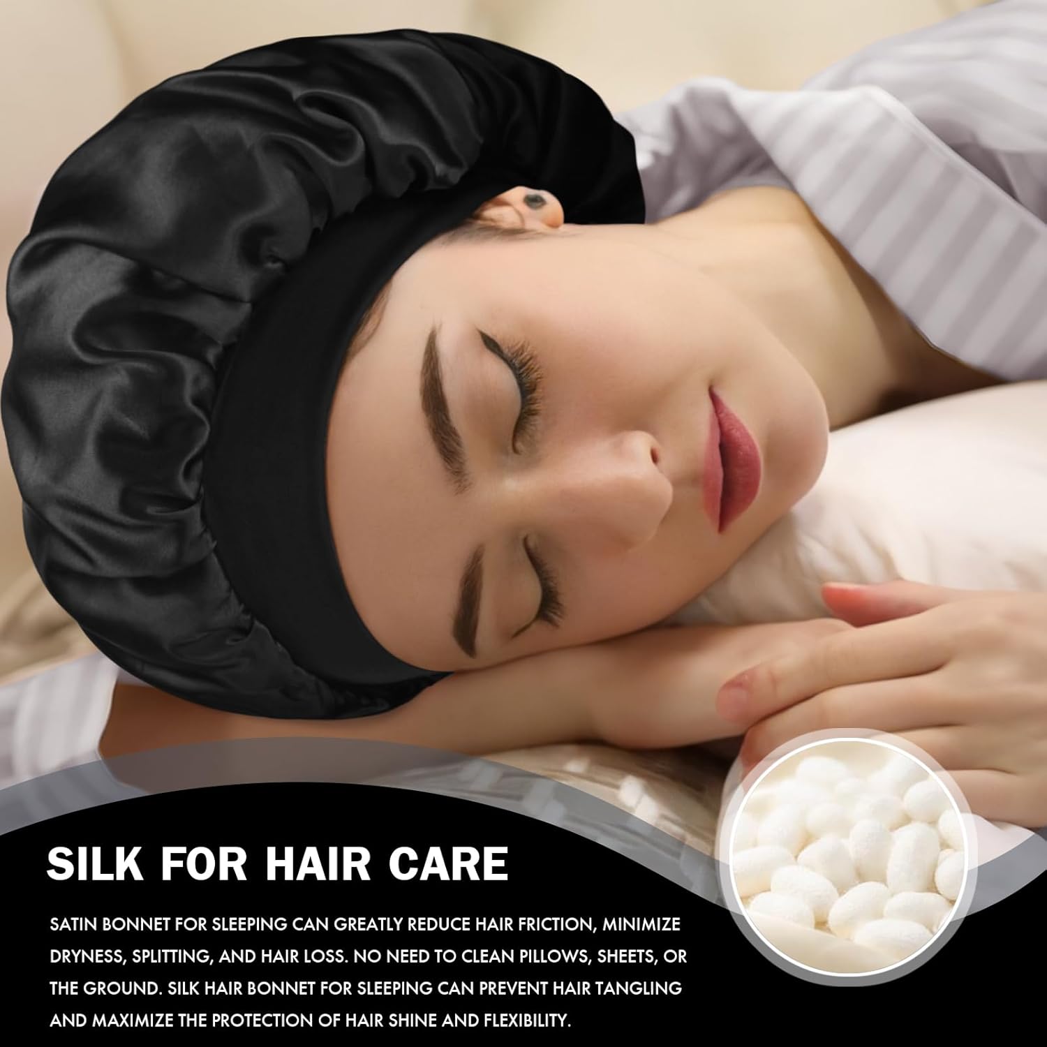 Bonnet en soie pour dormir, bonnet de nuit en soie double couche pour hommes et femmes, bonnet doux doublé de satin pour cheveux bouclés