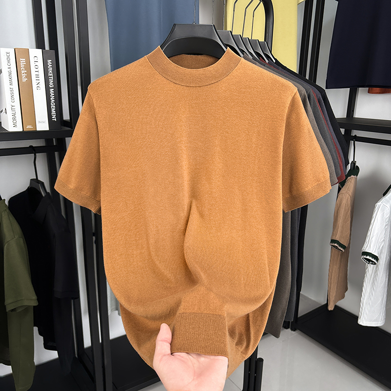 Soie laine hommes Tops basiques Sprig automne décontracté col montant mince tricot t-shirt à manches courtes tricots pull laine chemises minces