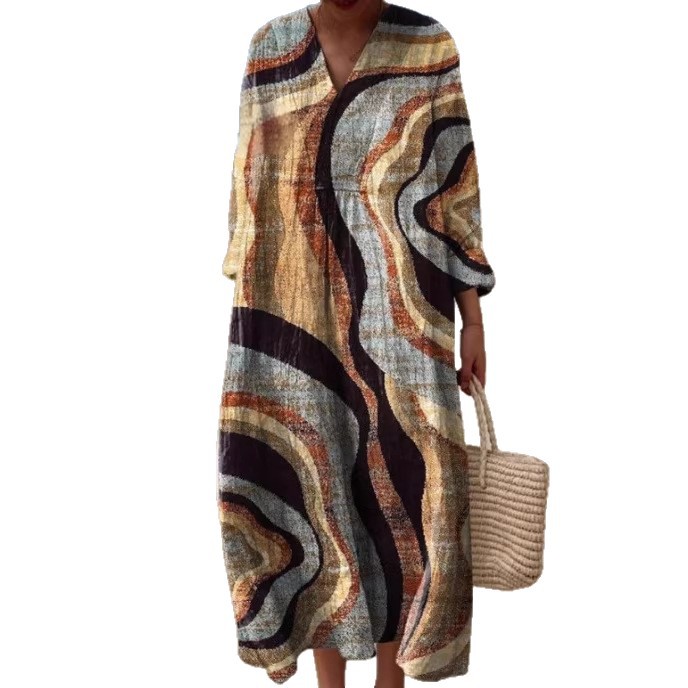 Robe en lin à manches longues pour femme, robe décontractée à imprimé floral 3D, manches longues