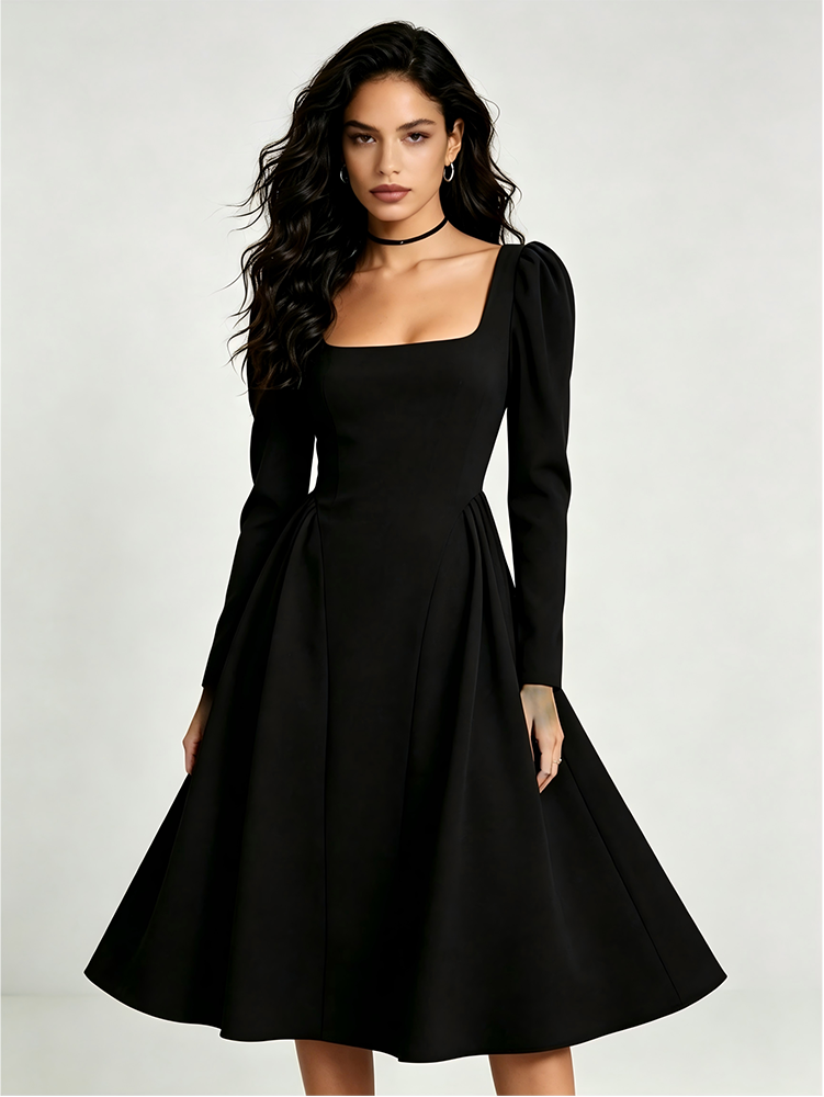 Robe pull à col carré pour femme, style décontracté et élégant, manches longues, couleur unie, polyester, nouvelle collection 2025